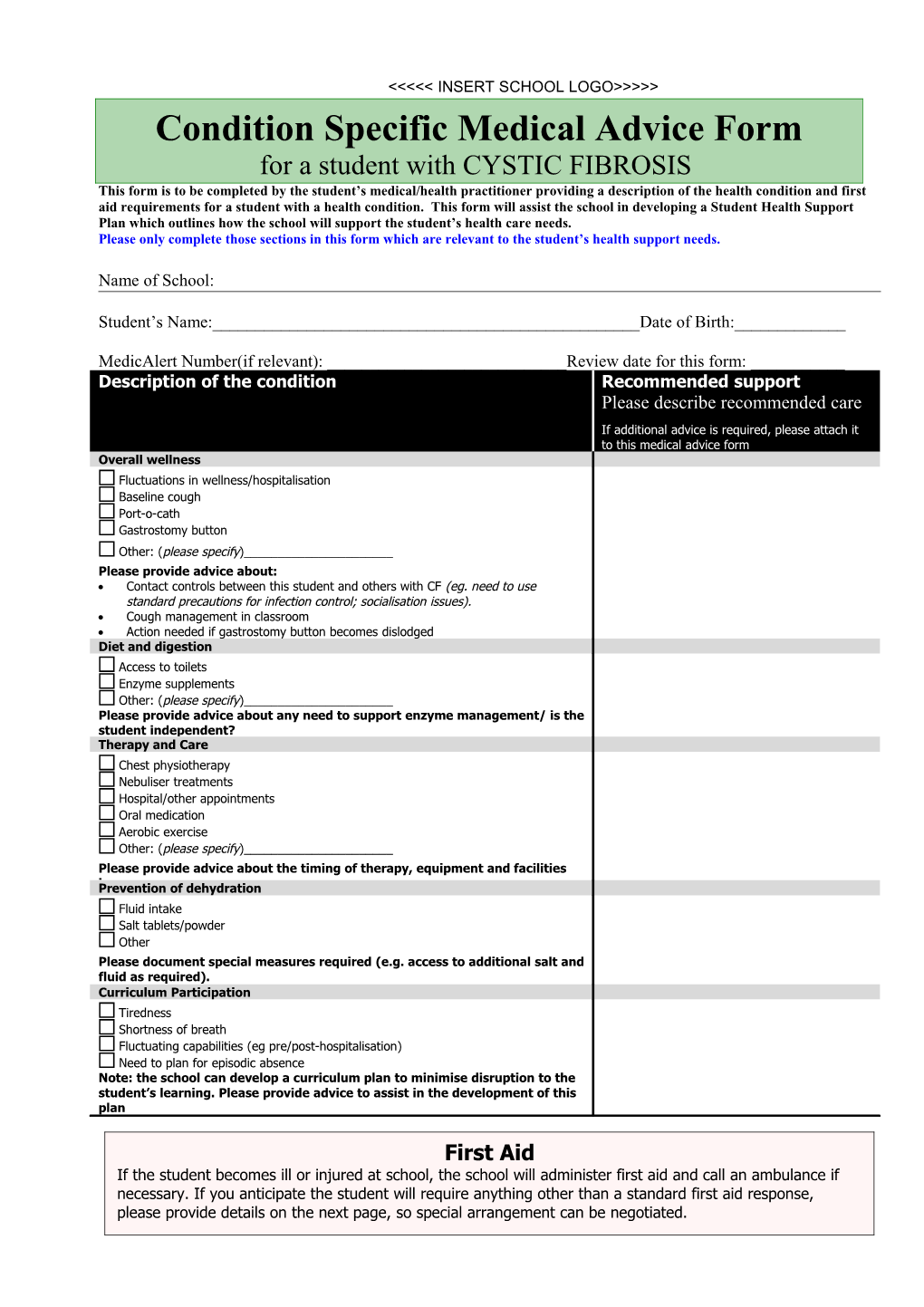 Condition Specific Mecal Advice Form: Cystic Fibrosis