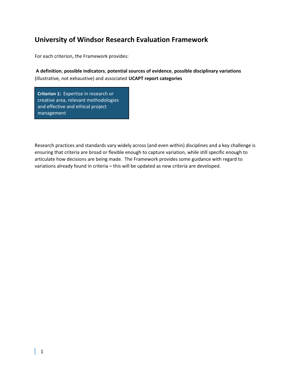 University of Windsor Research Evaluation Framework August 2016
