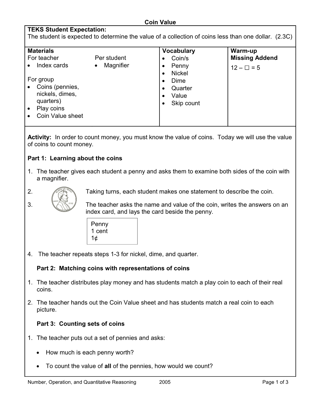 Number, Operation, and Quantitative Reasoning 2005 Page 1 of 3