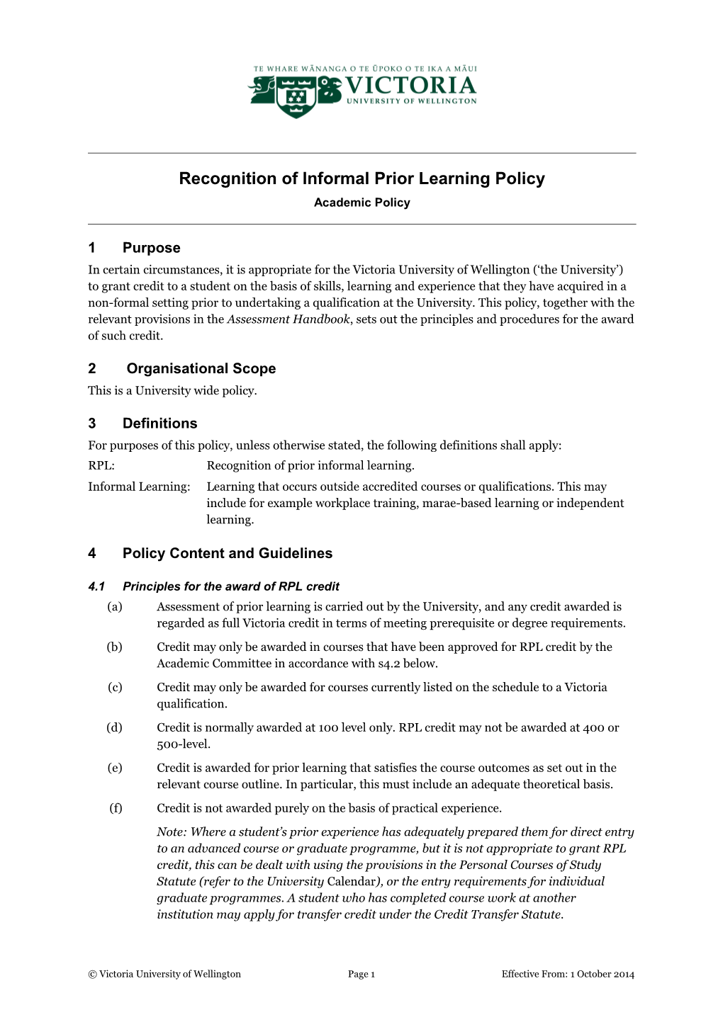 Recognition of Informal Prior Learning Policy