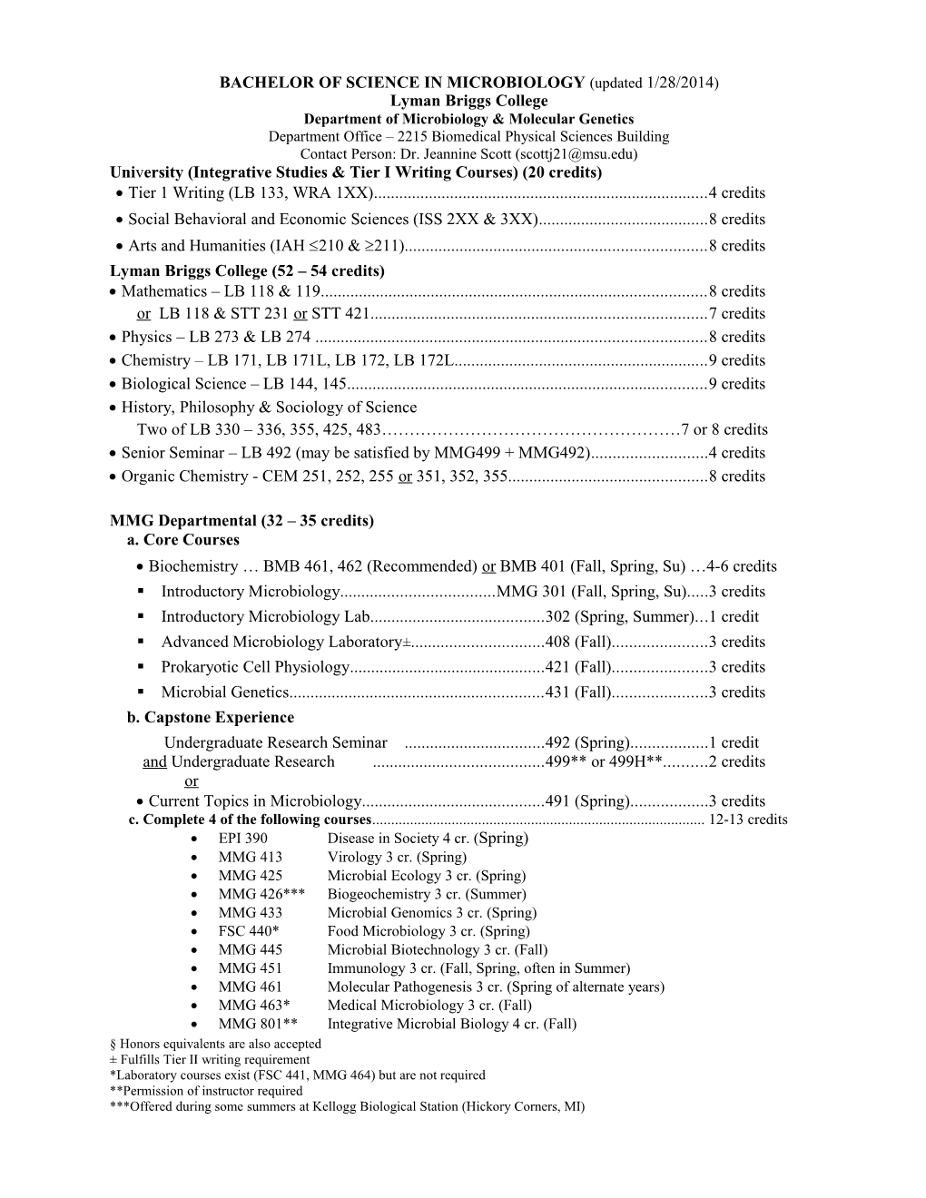 BACHELOR of SCIENCE in MICROBIOLOGY (Updated 1/28/2014)