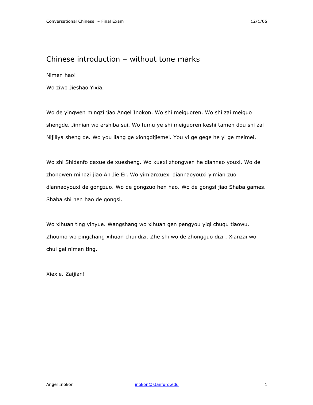 Conversational Chinese Final Exam 12/1/05