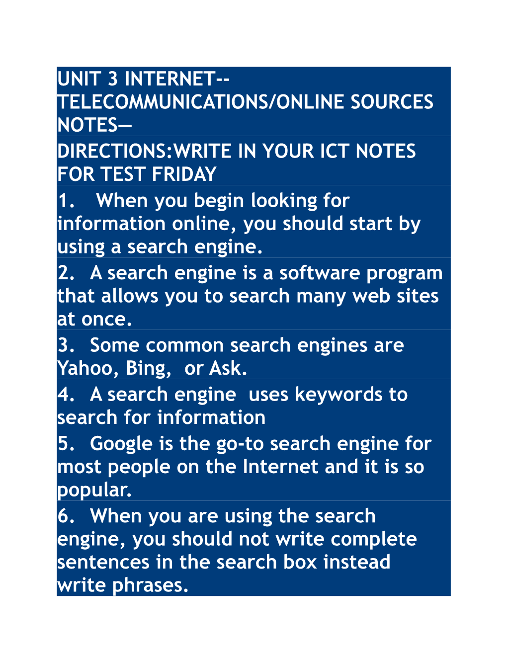 Unit 3 Internet Telecommunications/Online Sources Notes