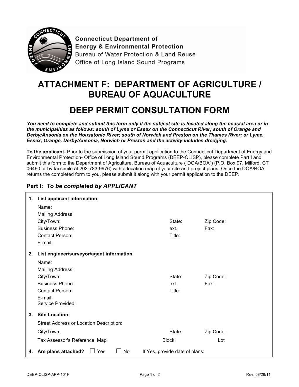 Attachment F: Department of Agriculture/Bureau of Aquaculture DEP Permit Consultation Form