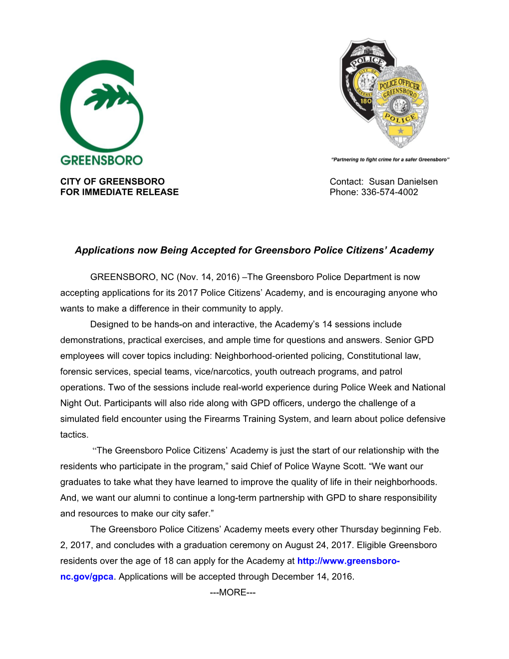 Applications Now Being Accepted for Greensboro Police Citizens Academy