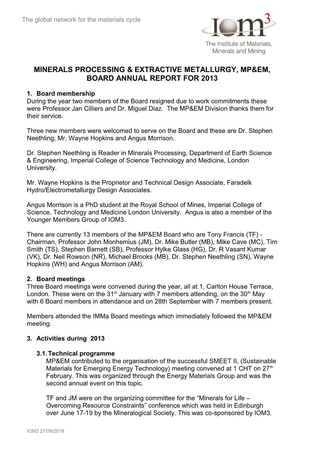 Minerals Processing & Extractive Metallurgy, Mp&Em, Board Annual Report for 2013