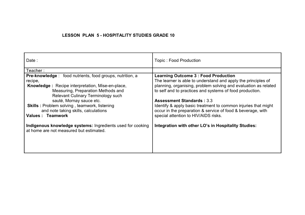Example of a Lesson Plan for Hospitality Studies