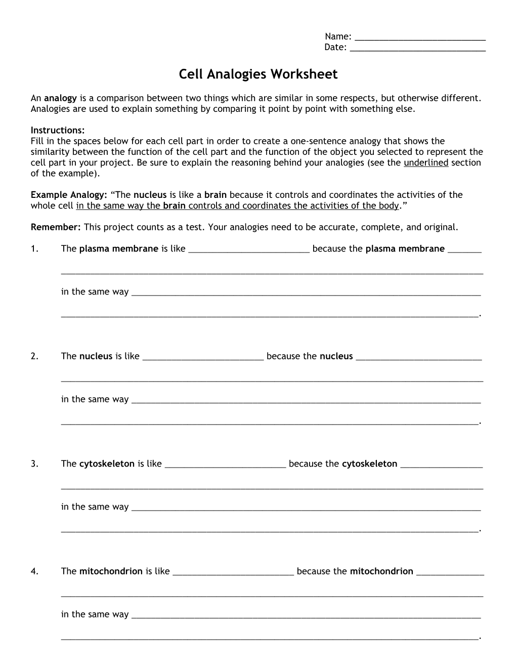 Cell Analogies Worksheet