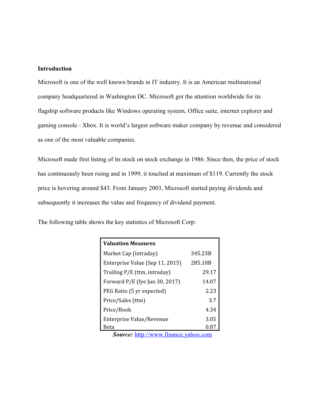 The Following Table Shows the Key Statistics of Microsoft Corp