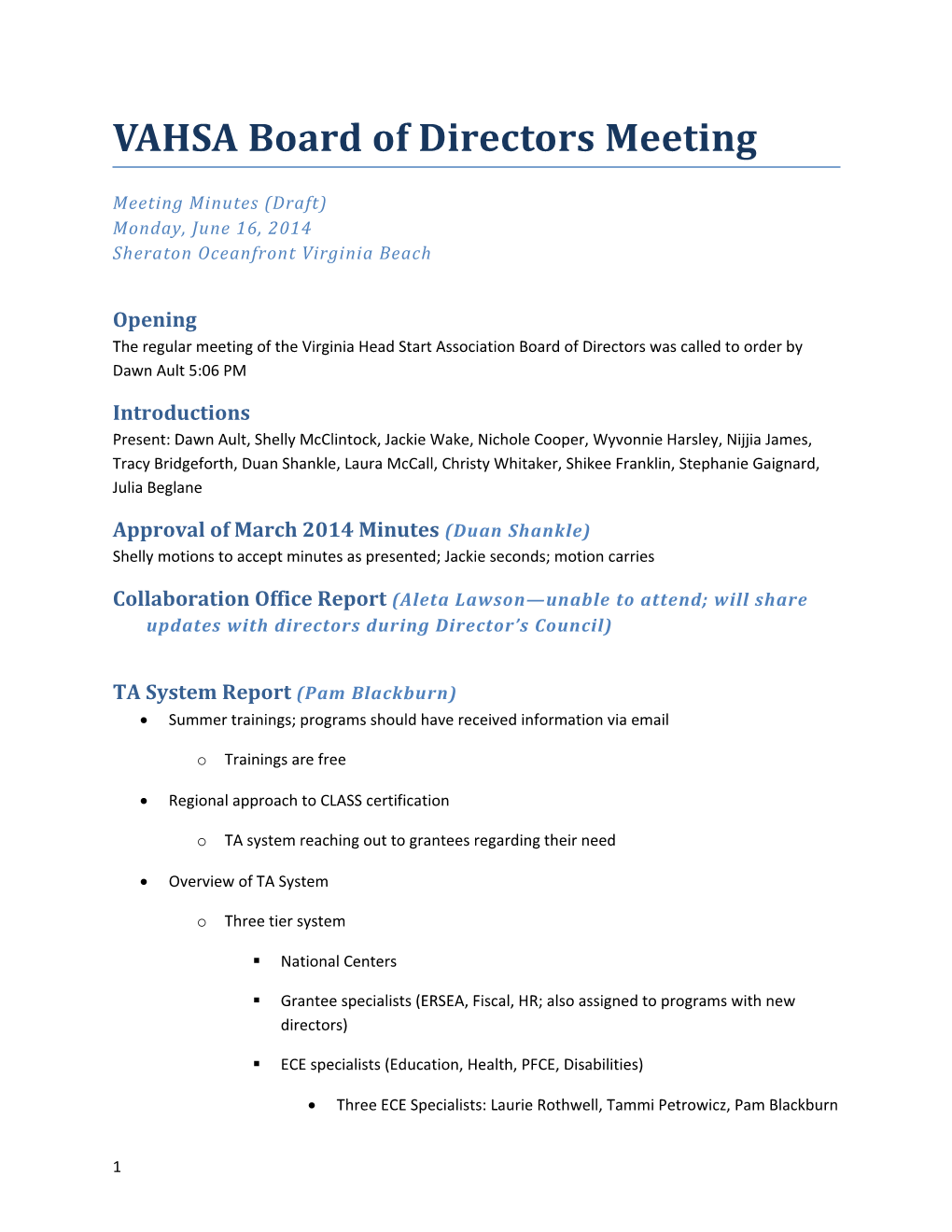VAHSA Board of Directors Meeting