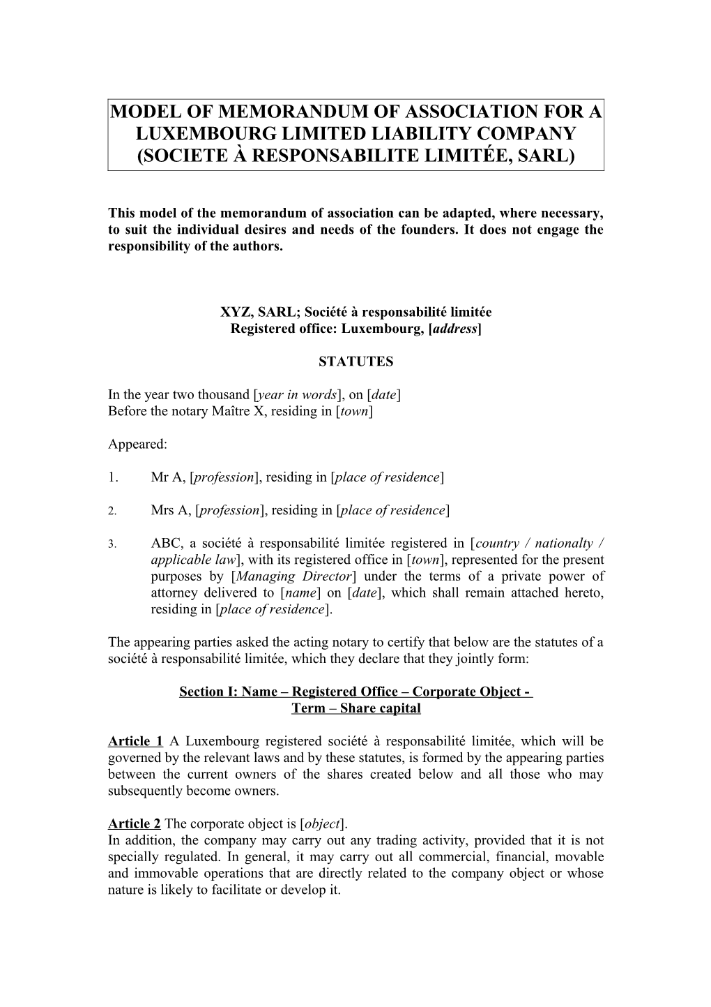 Model of Memorandum of Association for a Luxembourg Limited Liability Company (Societe