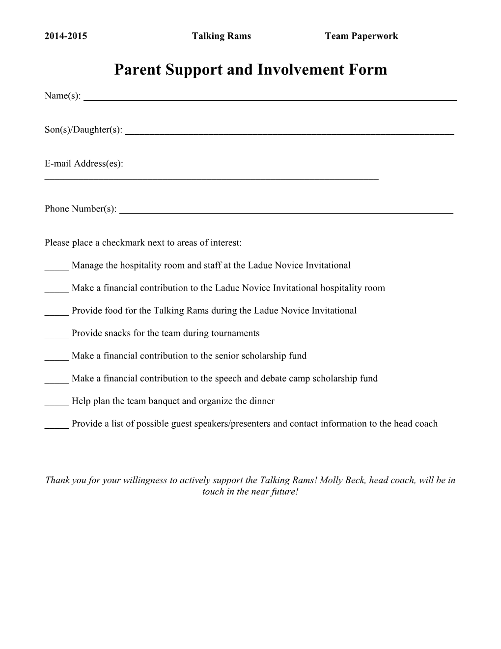 Parent Support and Involvement Form