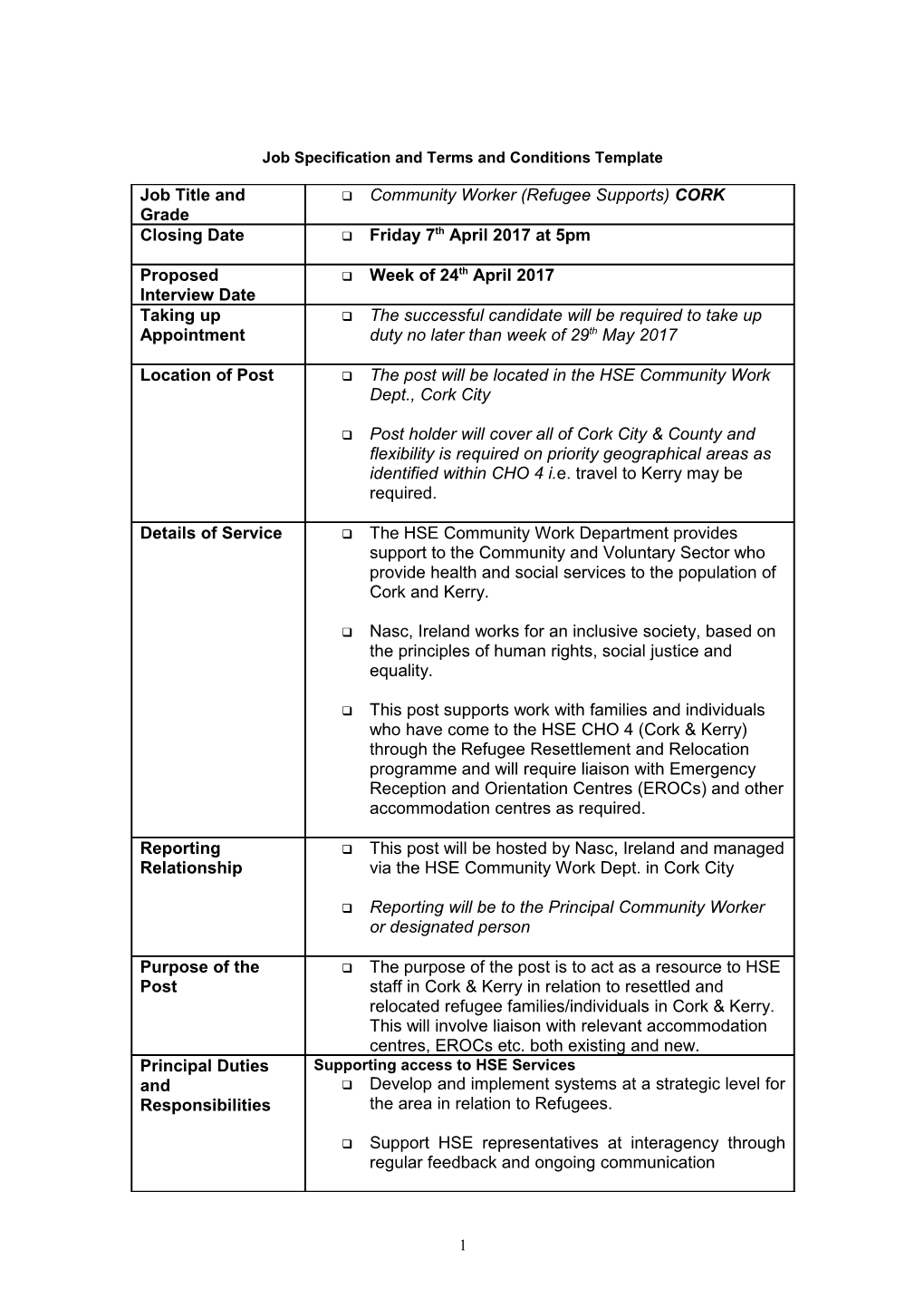 Job Specification and Terms and Conditions Template