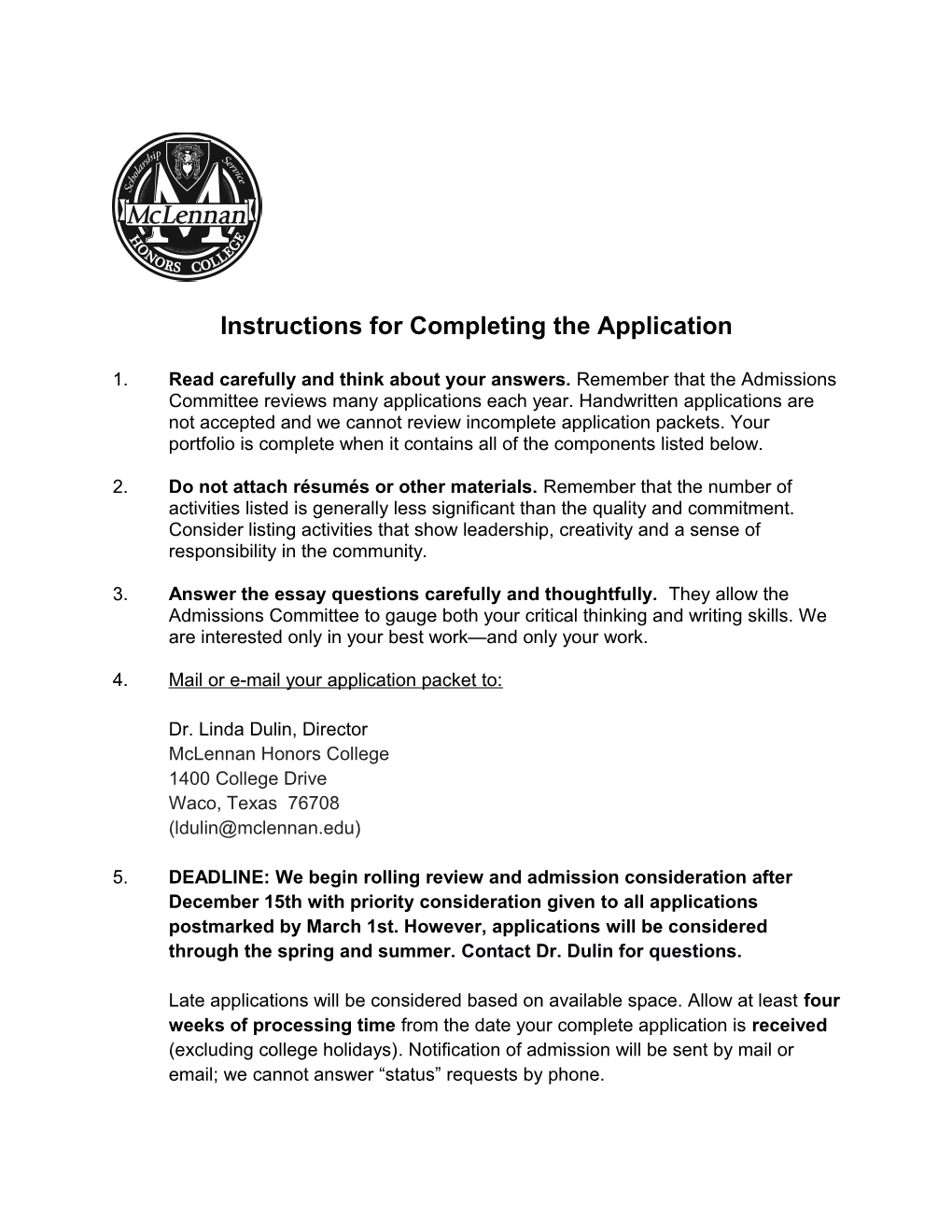 Instructions for Completing the Application