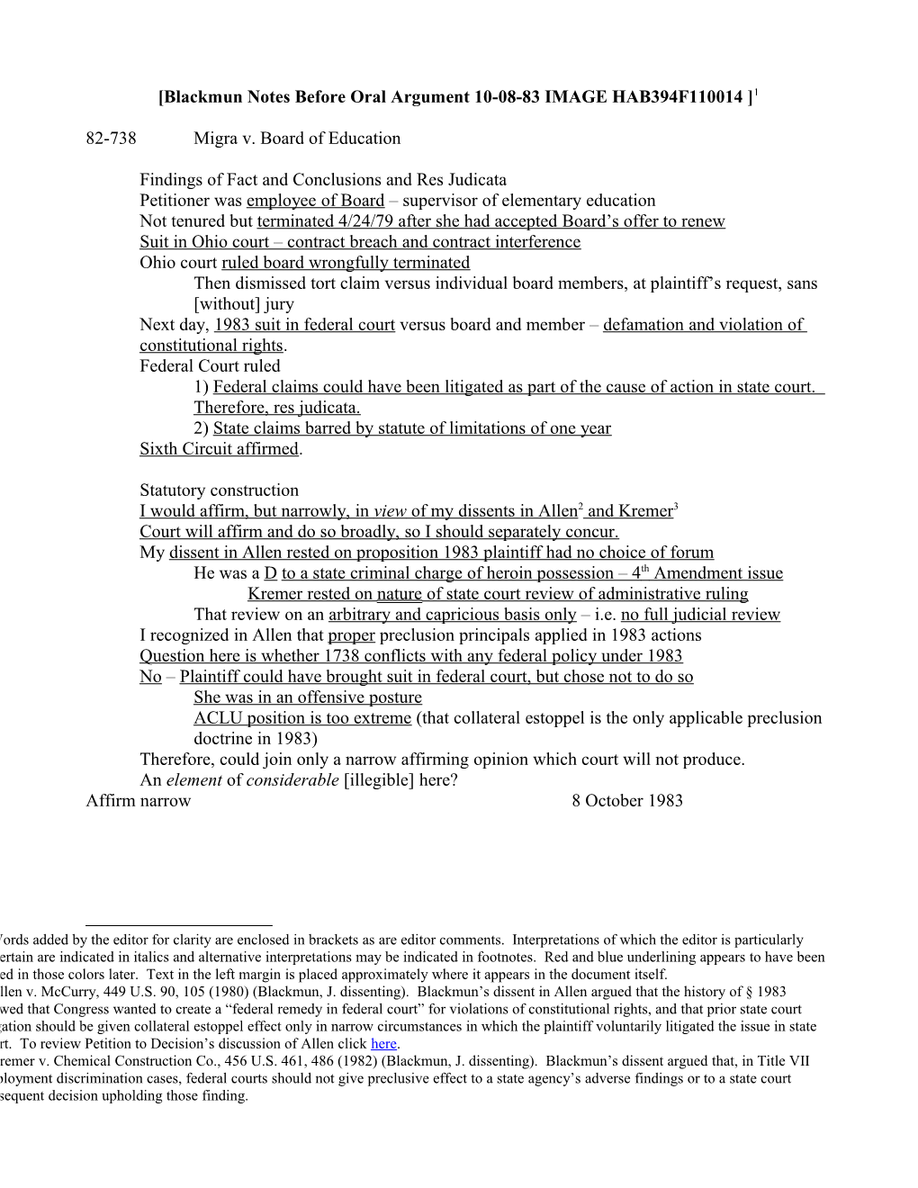 Blackmun Notes Before Oral Argument 10-08-83 IMAGE HAB394F110014 1