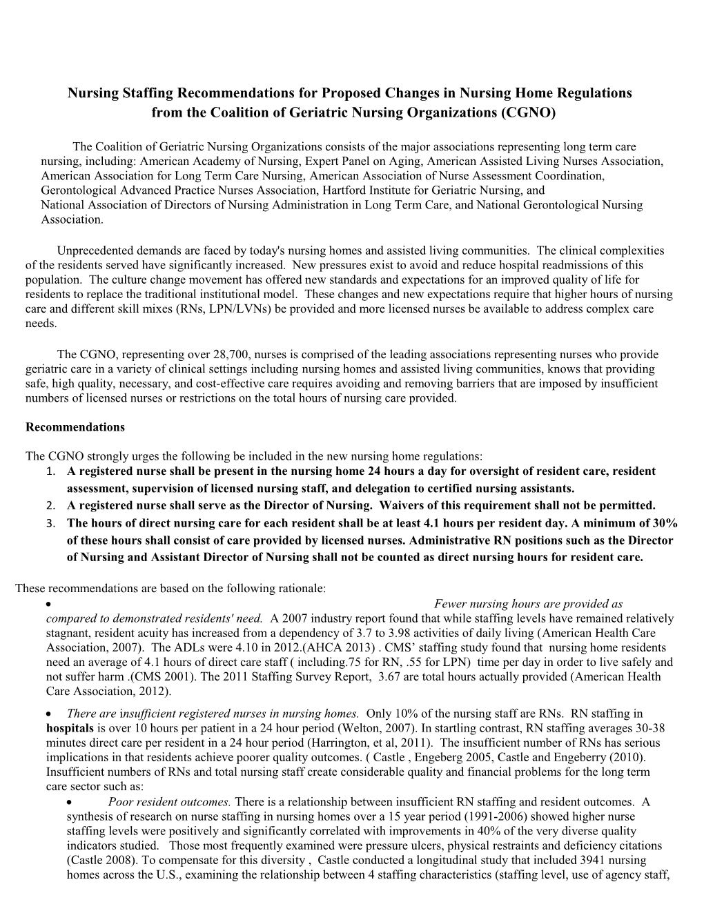 Nursing Staffing Recommendations for Proposed Changes in Nursing Home Regulations