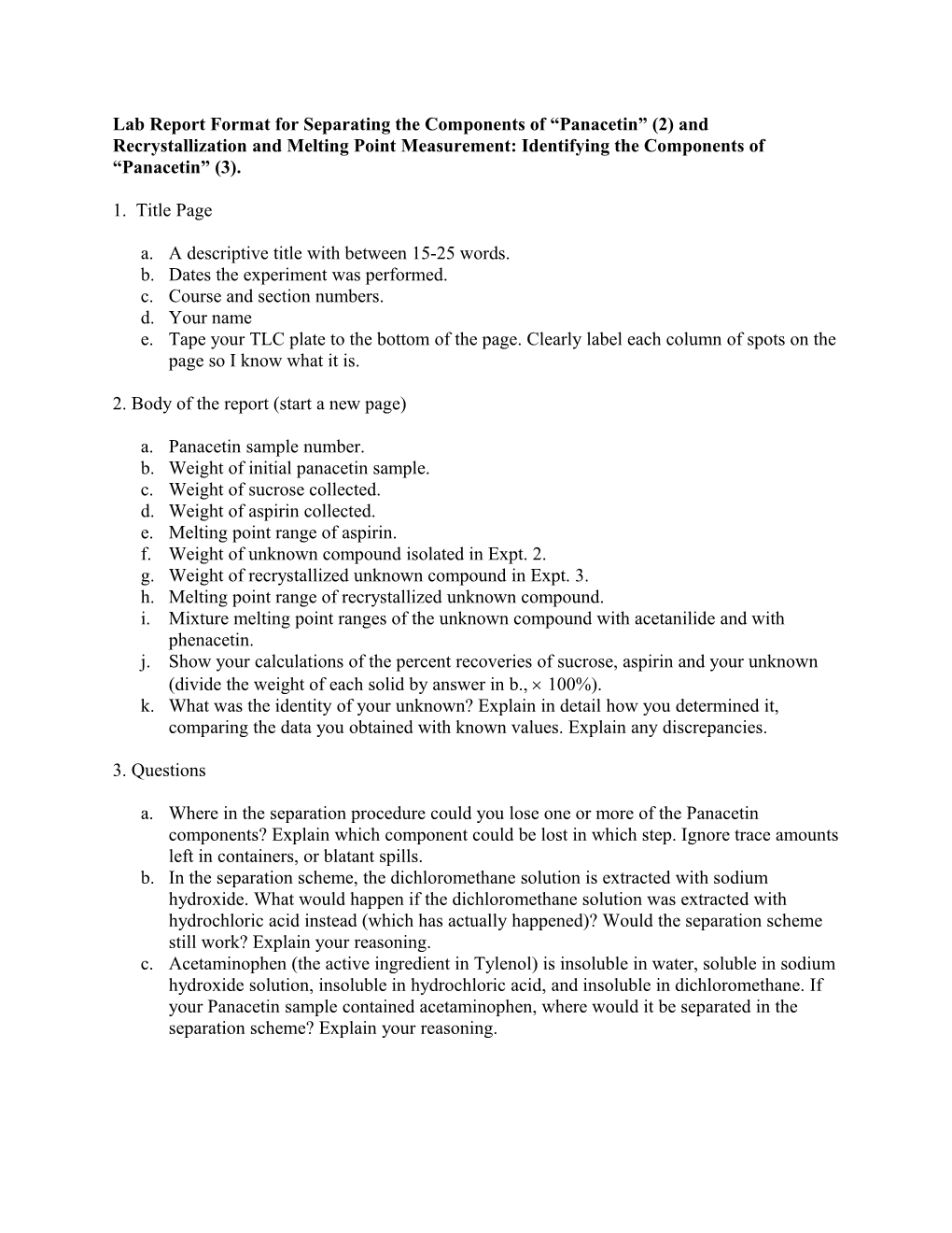 Lab Report Format for Separating the Components of Panacetin (2) and Recrystallization