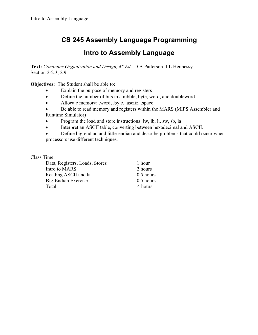 CS 245 Assembly Language Programming