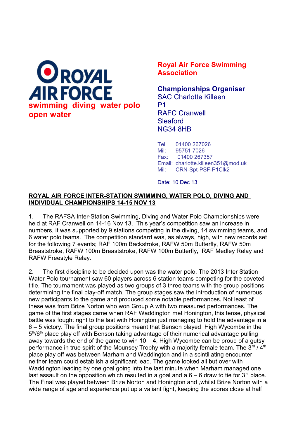 Royal Air Force Inter-Station Swimming, Water Polo, Diving and Individual Championships
