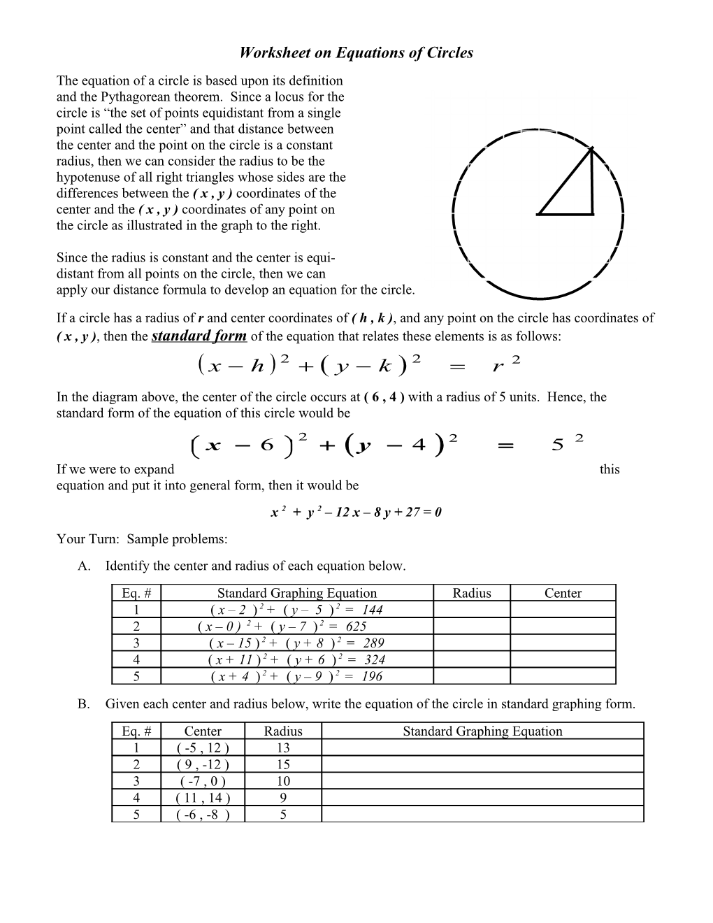 Worksheet on Equations of Circles