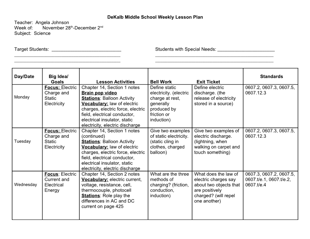 Dekalb Middle School Weekly Lesson Plan s6