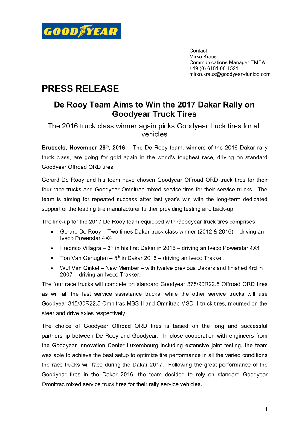 De Rooy Team Aims to Win the 2017 Dakar Rally on Goodyear Truck Tires