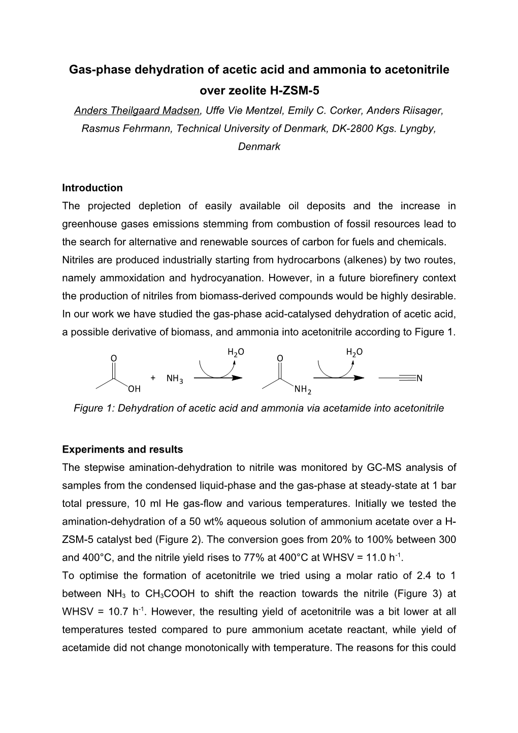 Gas-Phase Dehydration of Acetic Acid and Ammonia to Acetonitrile Over Zeolite H-ZSM-5