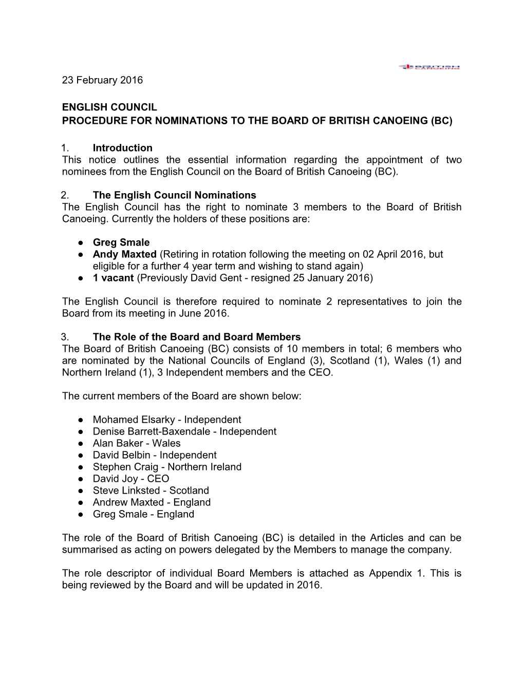 Procedure for Nominations to the Board of British Canoeing (Bc)