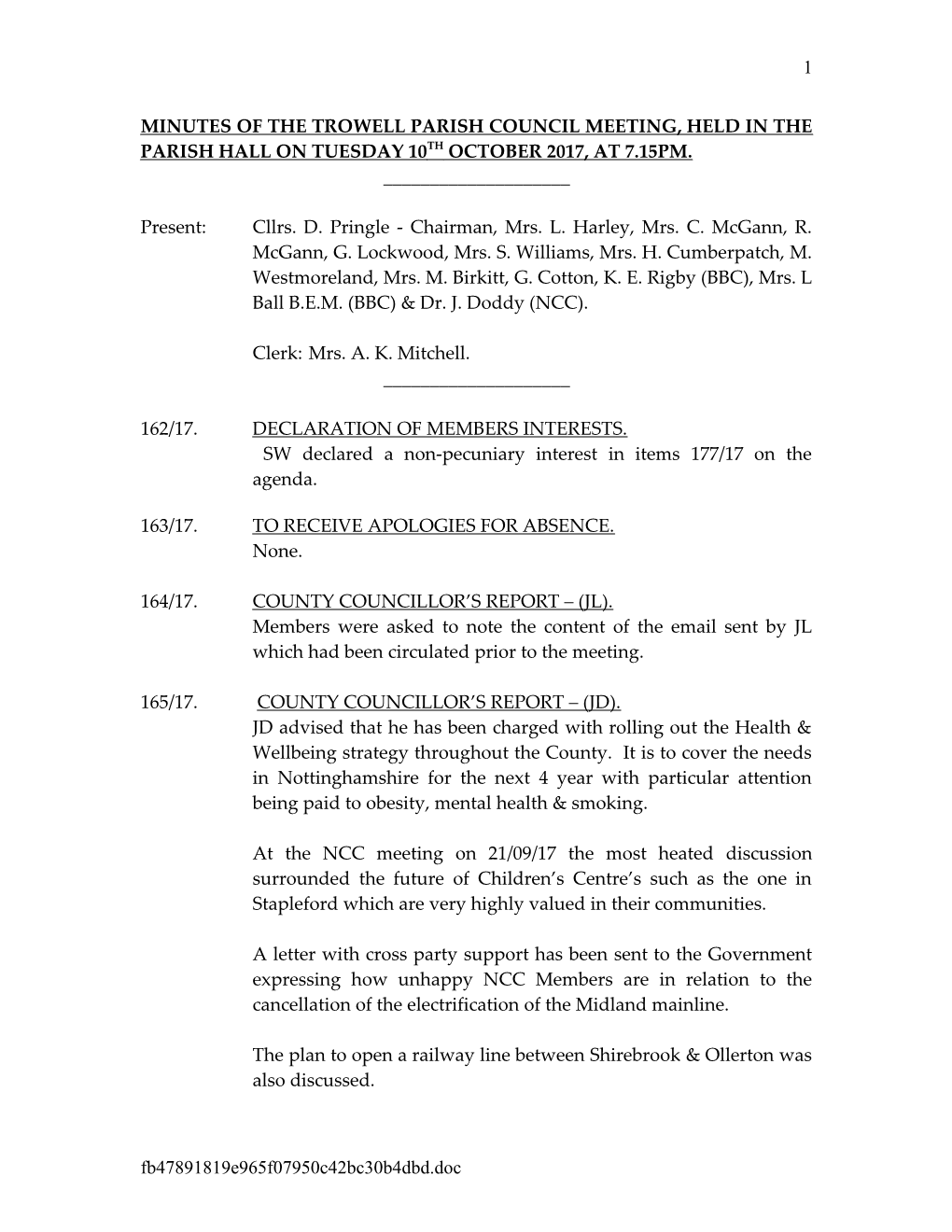 Minutes of the Annual General Meeting of the Trowell Parish Council, Held in the Parish