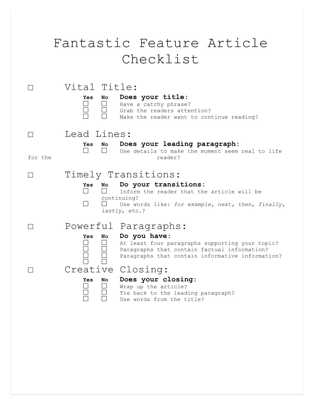 Fantastic Feature Article Checklist