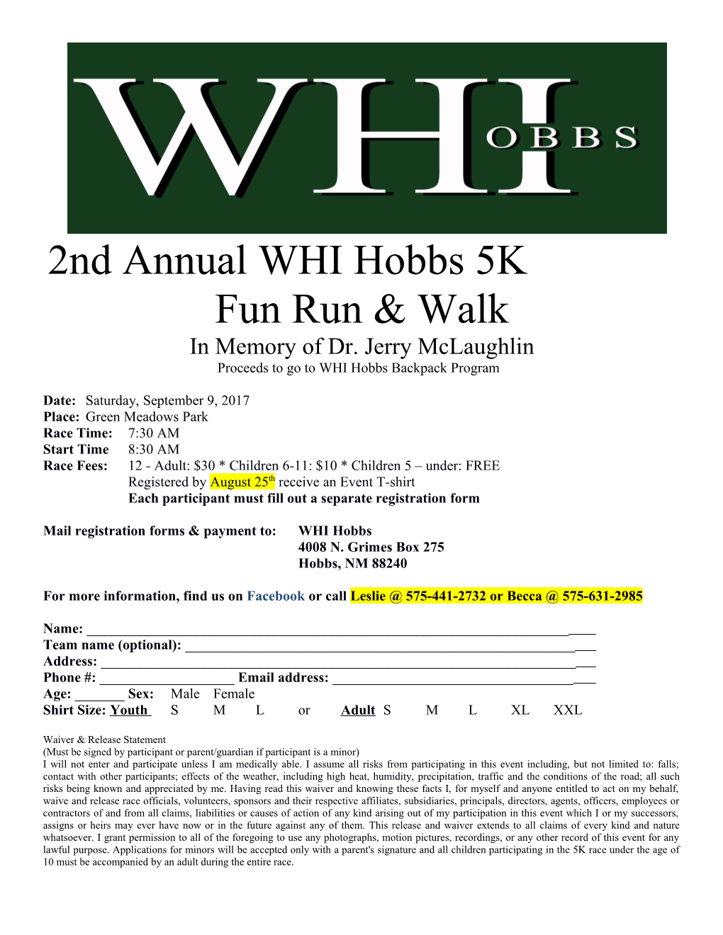 Proceeds to Go to WHI Hobbs Backpack Program