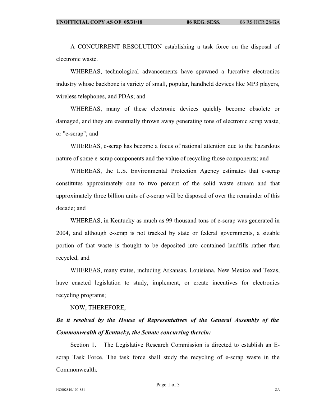 A CONCURRENT RESOLUTION Establishing a Task Force on the Disposal of Electronic Waste