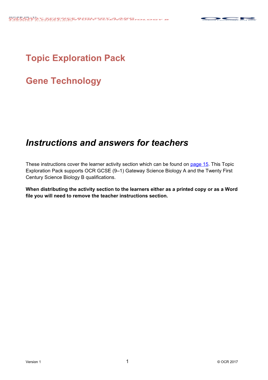 OCR GCSE (9-1) Science Biology Topic Exploration Pack - Gene Technology
