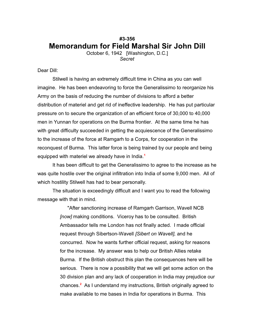 Memorandum for Field Marshal Sir John Dill