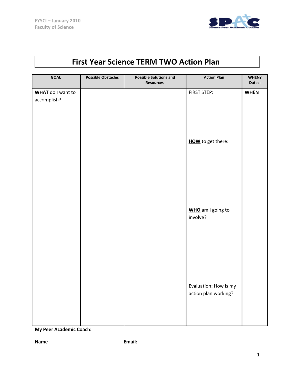 First Year Science TERM TWO Action Plan