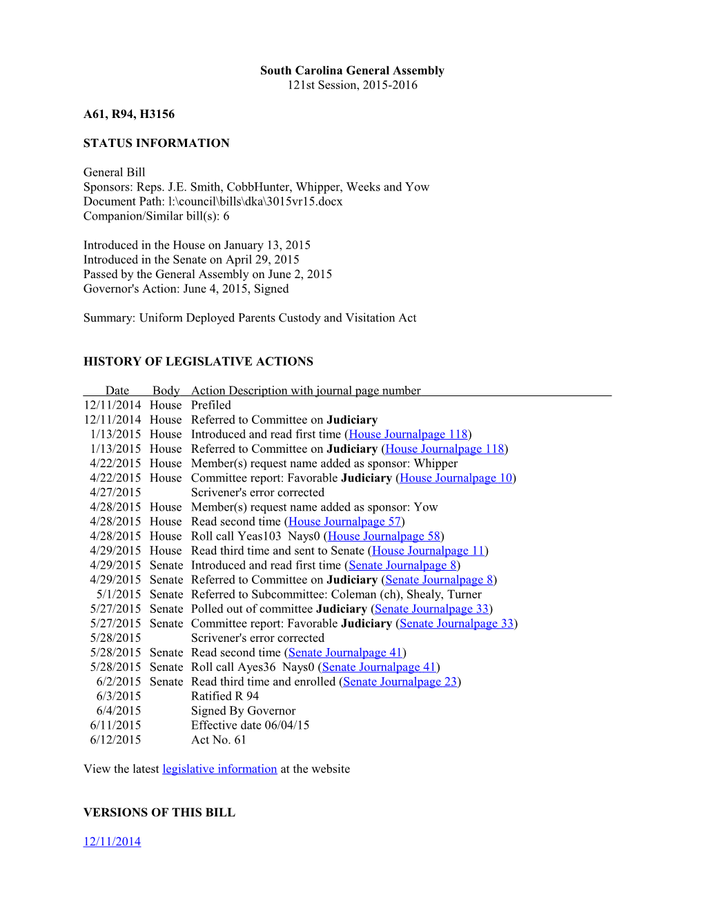 2015-2016 Bill 3156: Uniform Deployed Parents Custody and Visitation Act - South Carolina