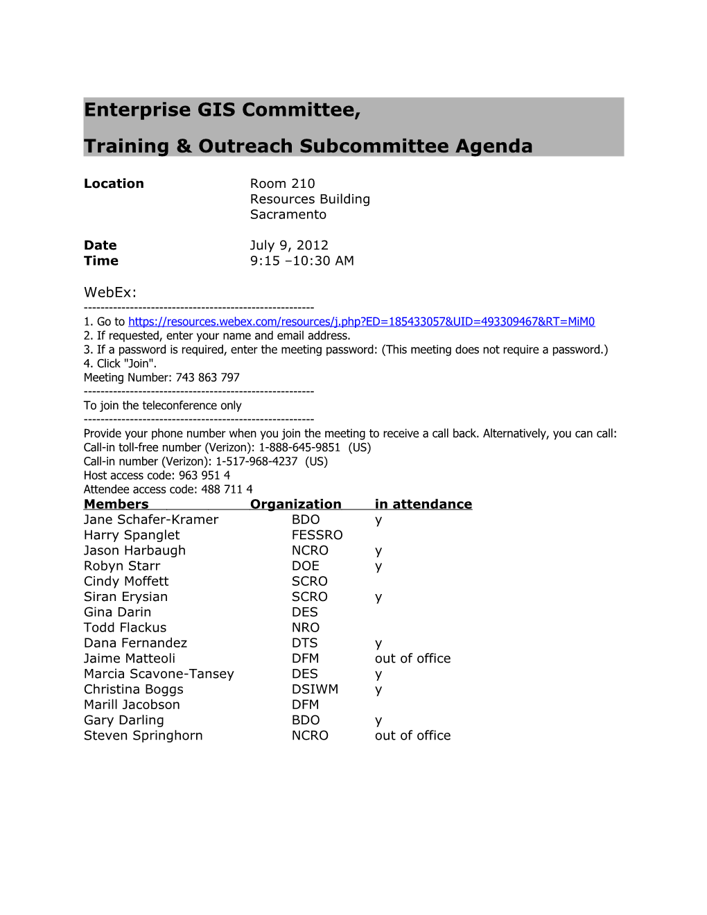 Training & Outreach Subcommittee Agenda