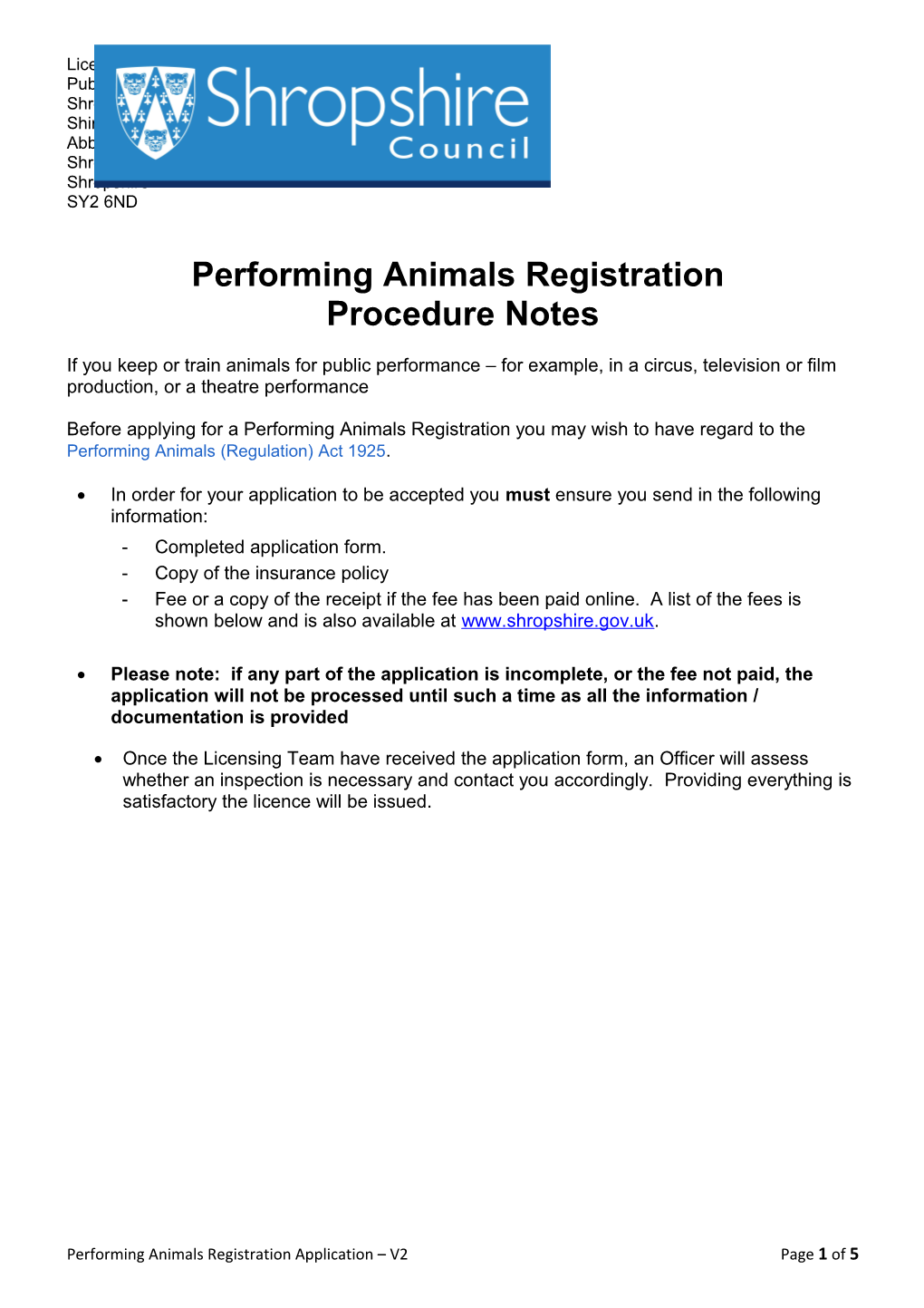 Performing Animals Registration