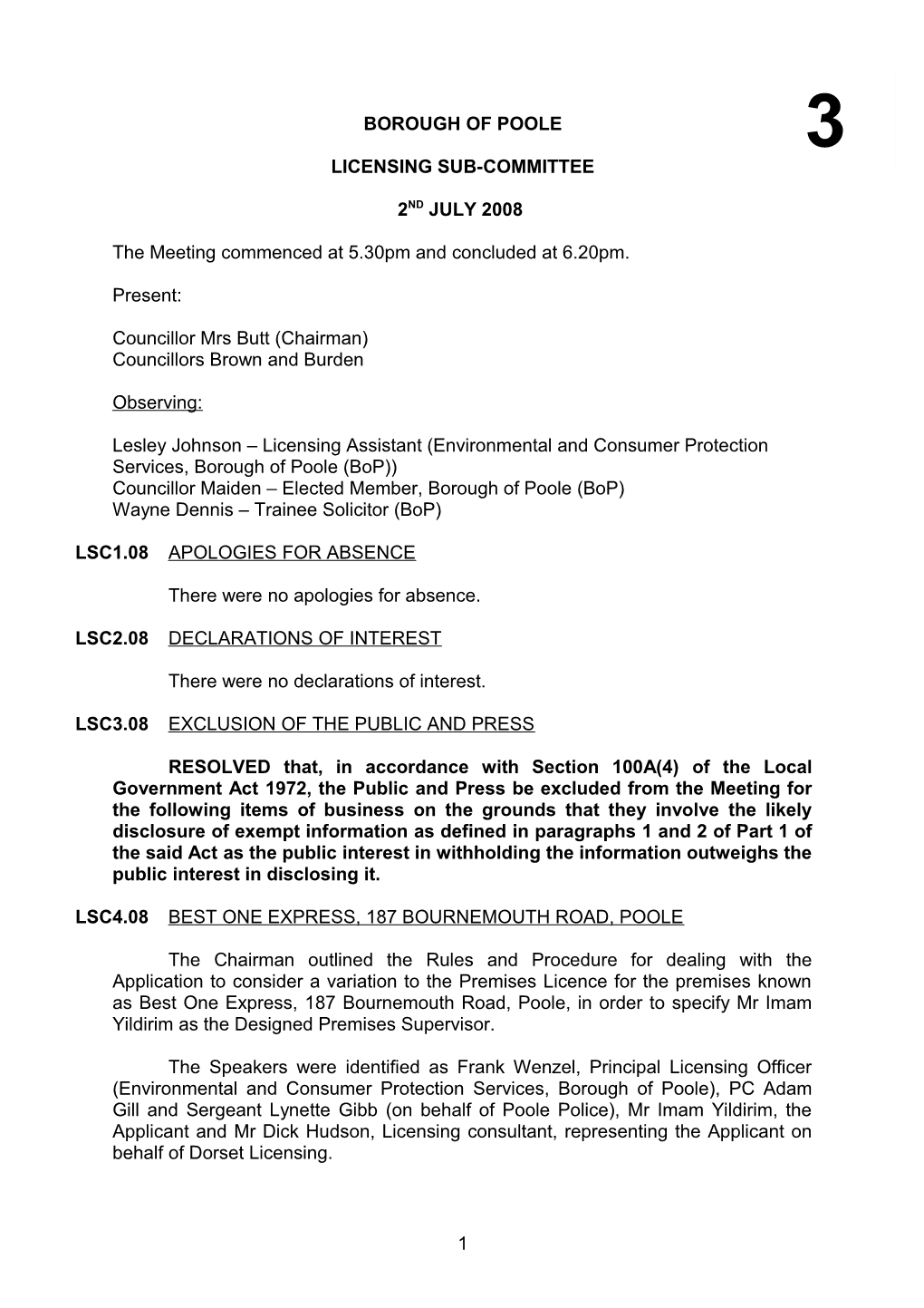 Minutes - Licensing Sub-Committee - 2 July 2008