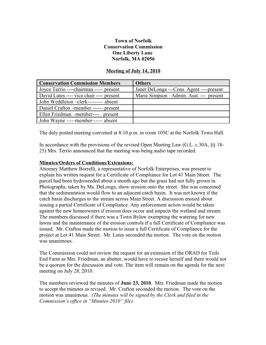 Conservation Commission Minutes of July 14, 2010