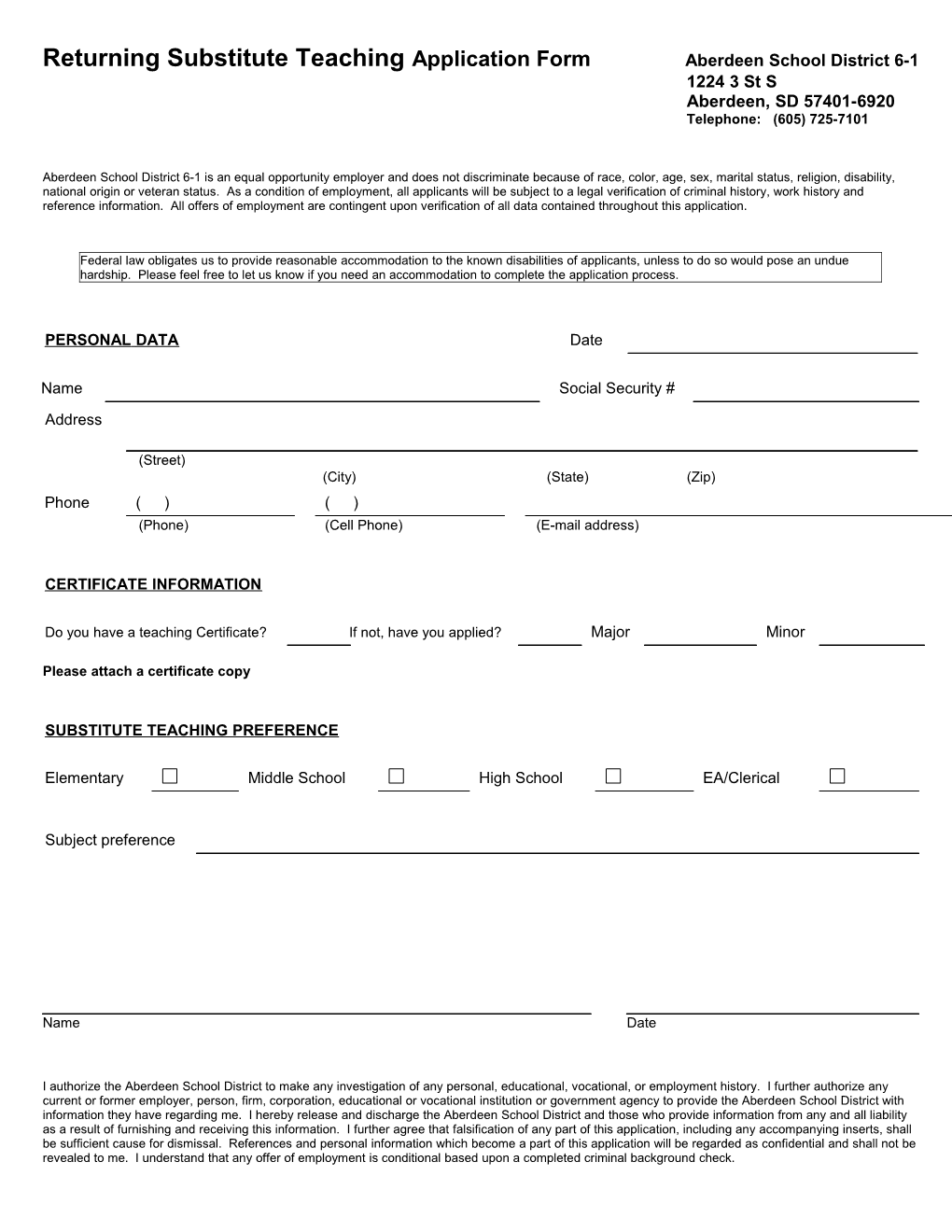 Substitute Teaching Application Form