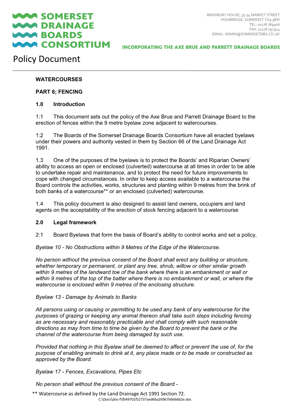 1:1This Document Sets out the Policy of the Axe Brue and Parrett Drainage Board to The