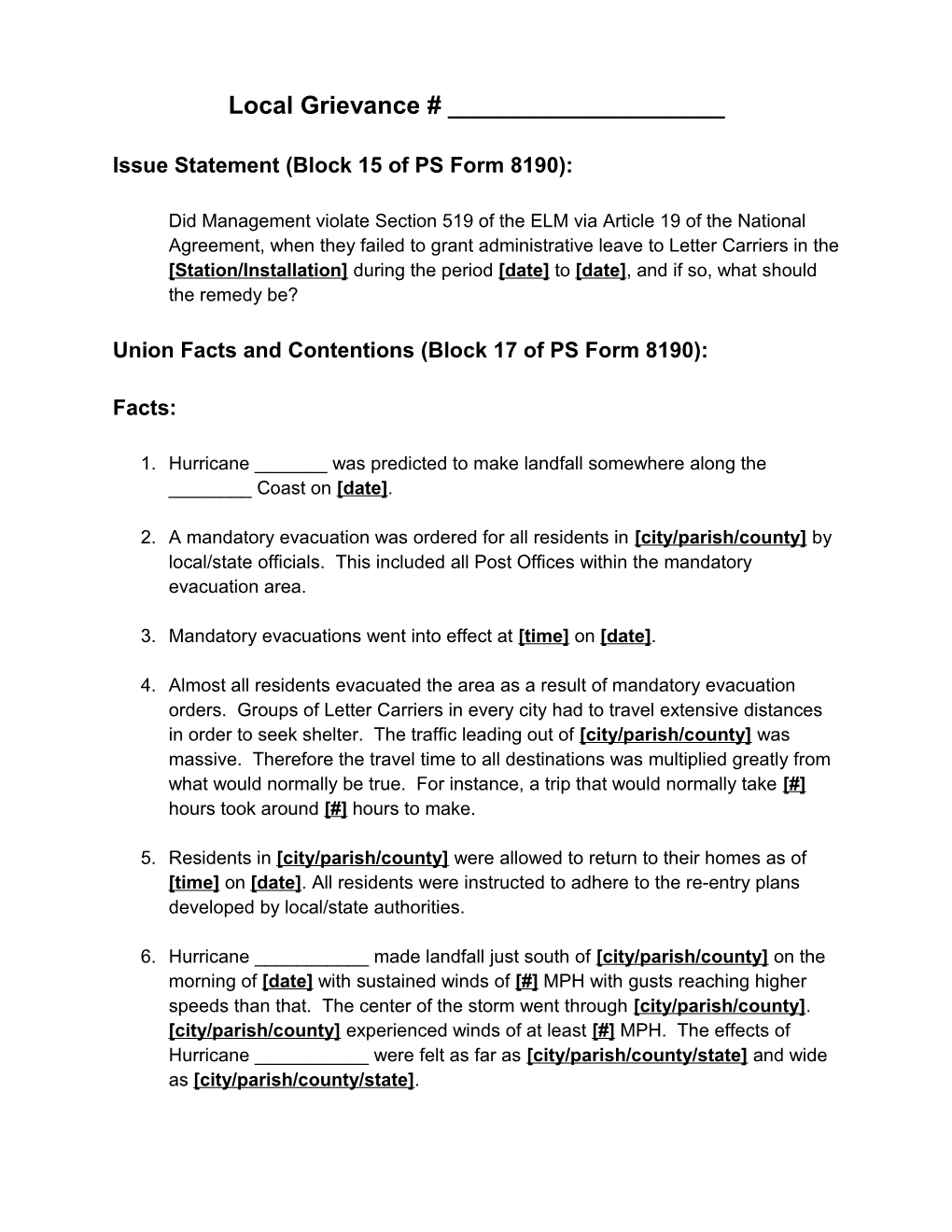 BLOCK 17 Union Facts and Contentions