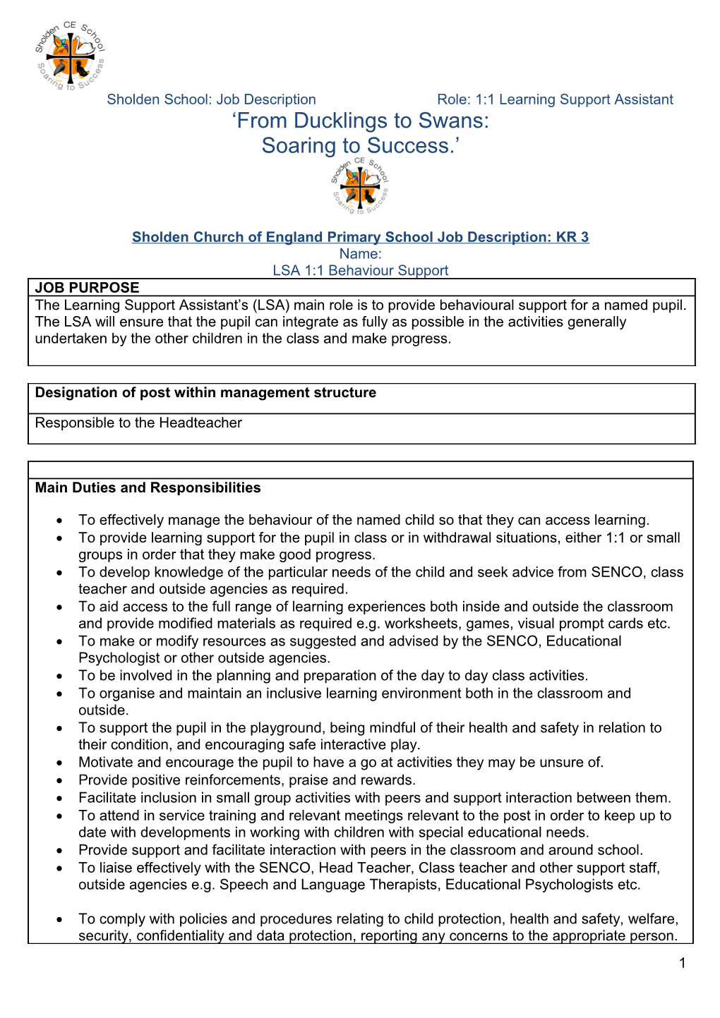 Sholden Church of England Primary School Job Description: KR 3