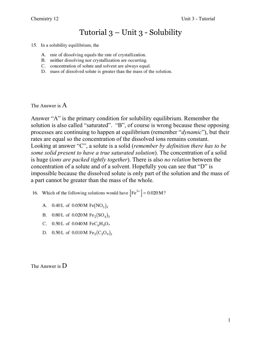 Tutorial 3 Unit 3 - Solubility
