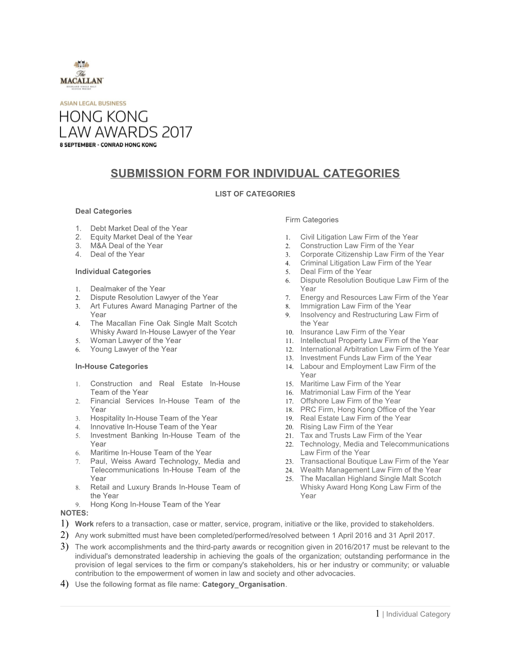 Submission Form for Individual Categories