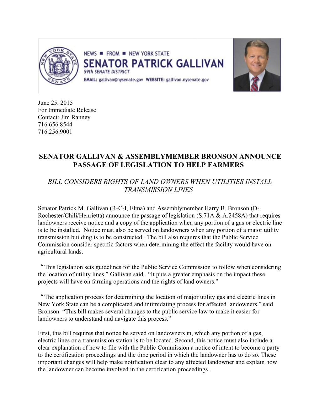 Senator Gallivan & Assemblymember Bronson Announce Passage of Legislation to Help Farmers
