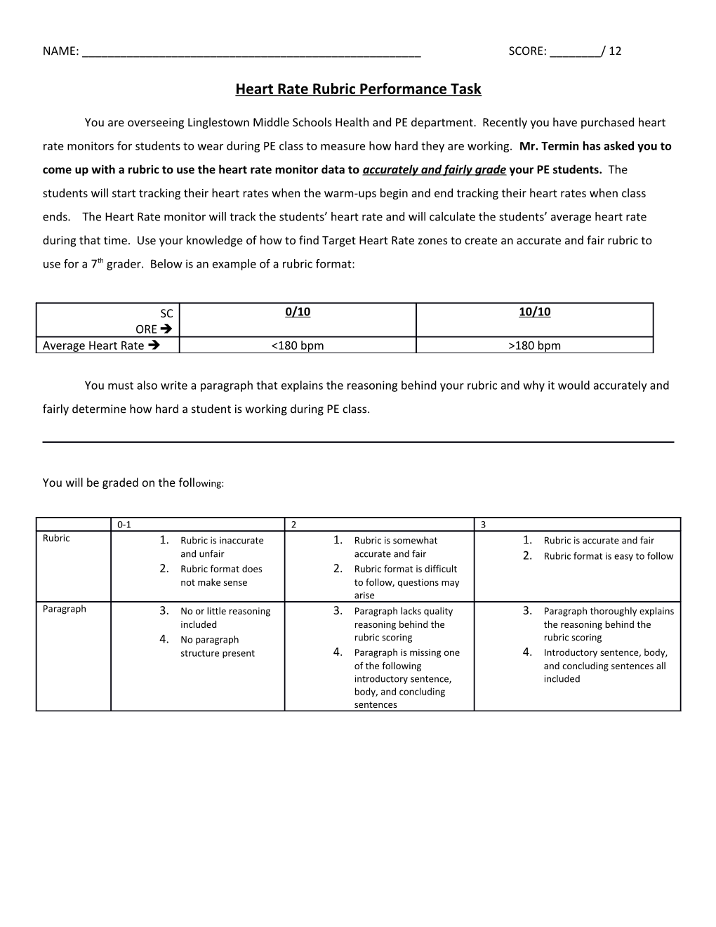 Heart Rate Rubric Performance Task