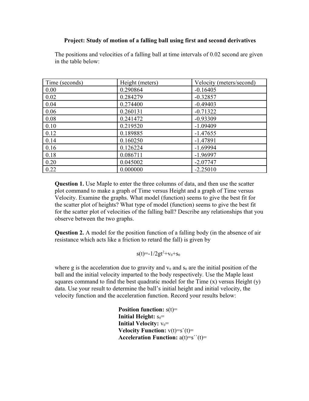 Project: Study of Motion of a Falling Ball Using First and Second Derivatives