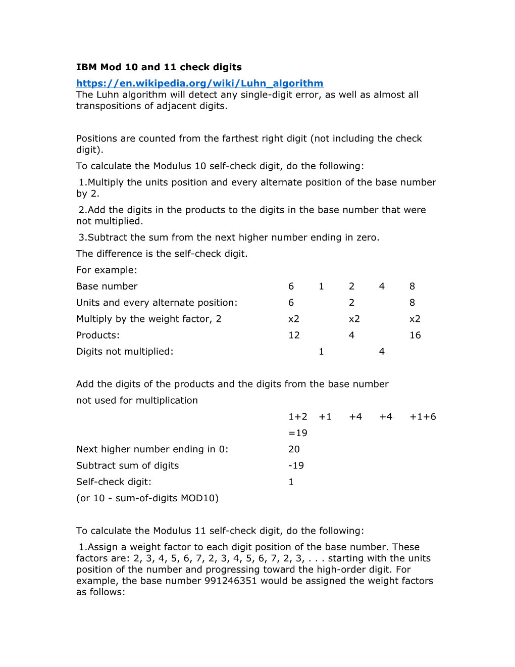 IBM Mod 10 and 11 Check Digits